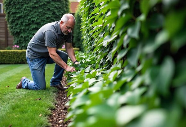 Ein Mann pflanzt eine Hecke im Garten.